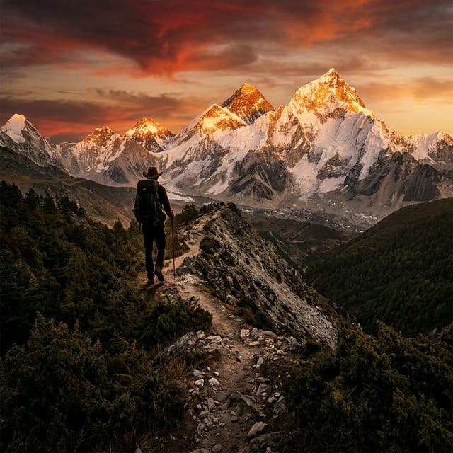 Mountain expedition at golden hour